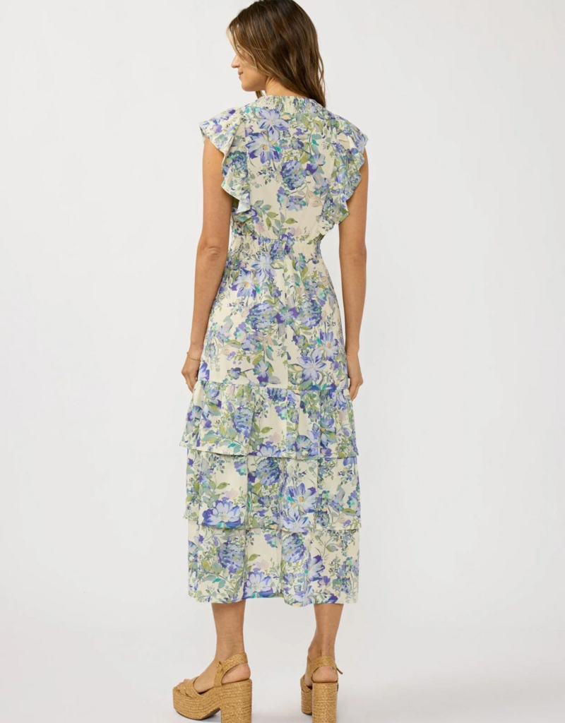 LoveStitch Marla Ruffle V-Neck Smocked Waist Tiered Midi Dress