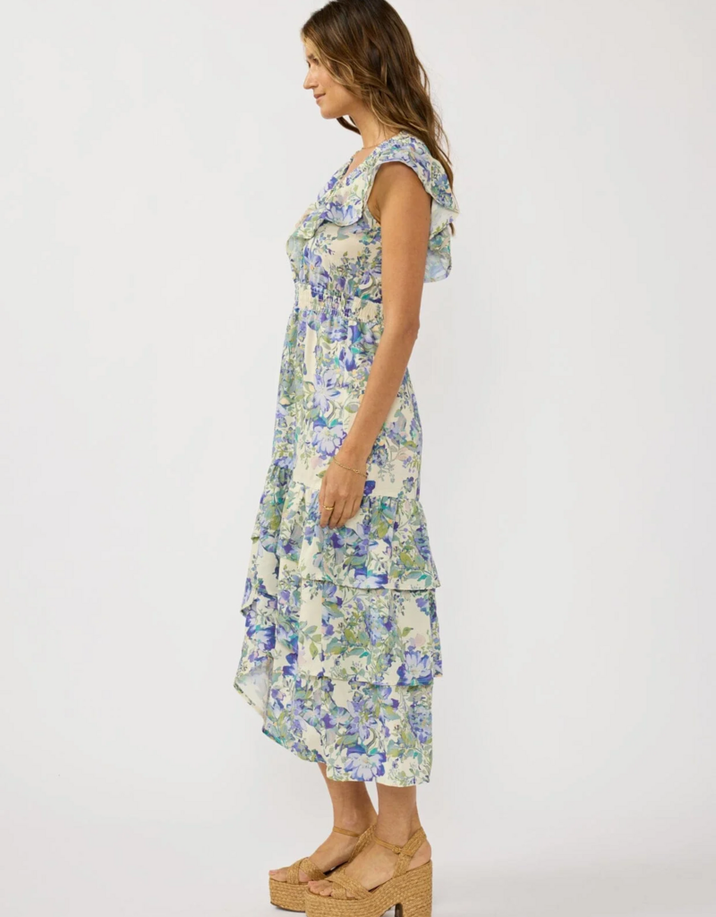LoveStitch Marla Ruffle V-Neck Smocked Waist Tiered Midi Dress