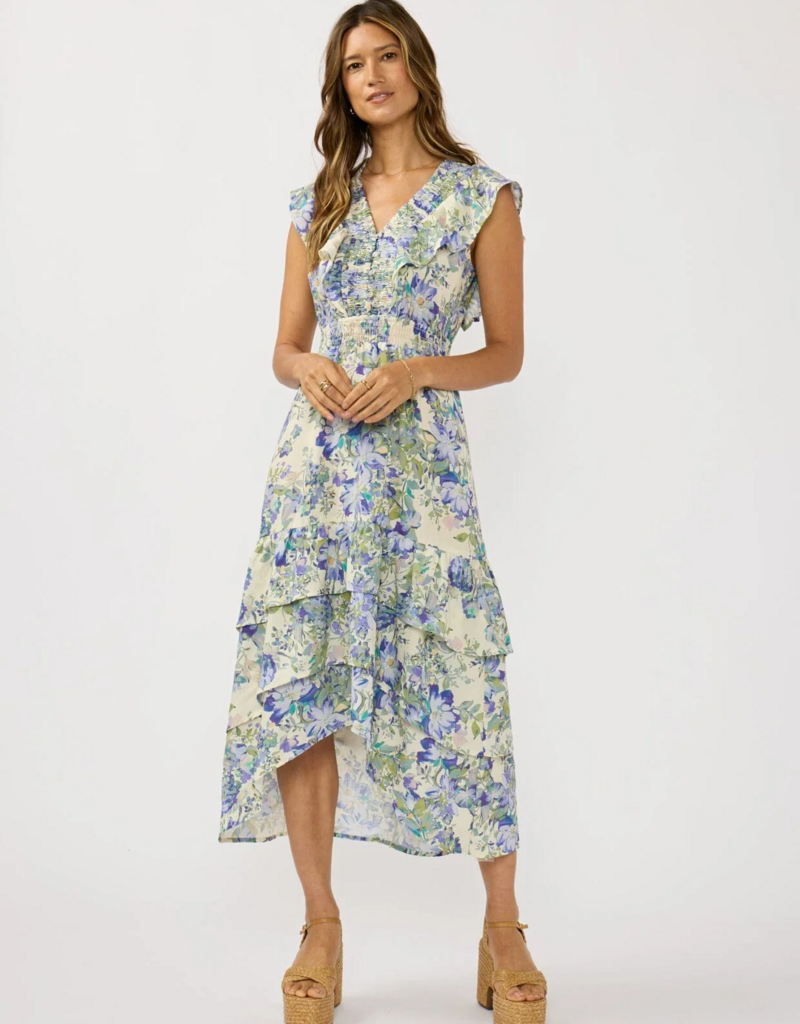 LoveStitch Marla Ruffle V-Neck Smocked Waist Tiered Midi Dress
