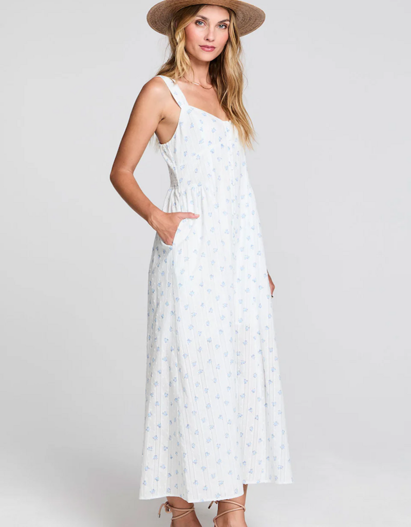 Saltwater Luxe Kymber Button Up Midi Dress in White w/ Blue Floral