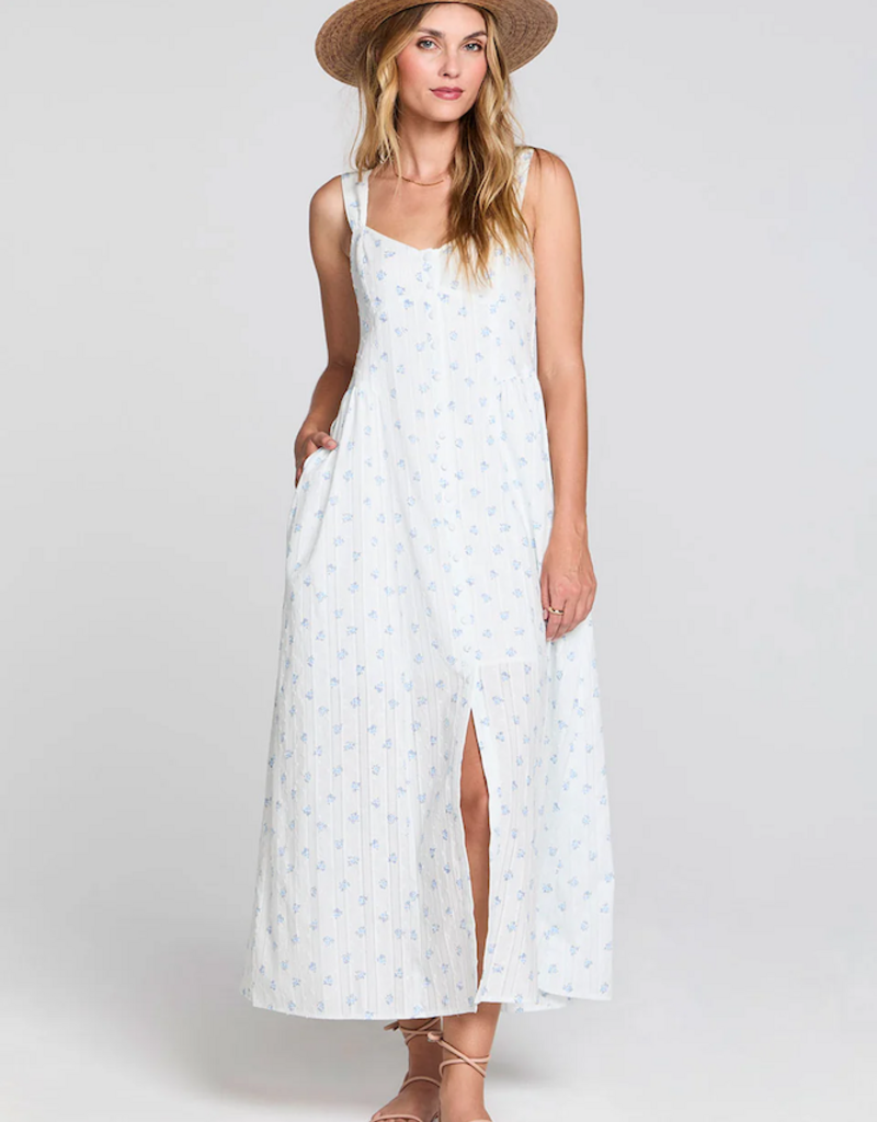 Saltwater Luxe Kymber Button Up Midi Dress in White w/ Blue Floral