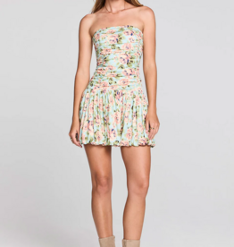 Saltwater Luxe Leightyn Gathered Bodice Strapless Mini Dress in Capri Blue Floral