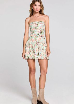 Saltwater Luxe Leightyn Gathered Bodice Strapless Mini Dress in Capri Blue Floral