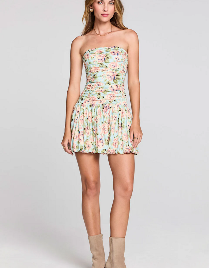 Saltwater Luxe Leightyn Gathered Bodice Strapless Mini Dress in Capri Blue Floral