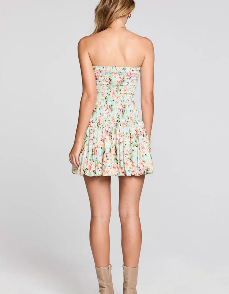 Saltwater Luxe Leightyn Gathered Bodice Strapless Mini Dress in Capri Blue Floral