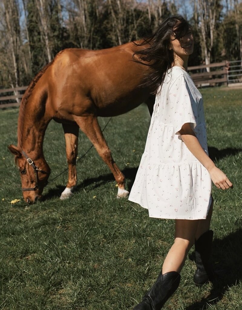 Brunette the Label Tiered Dress in Cream with Pink
