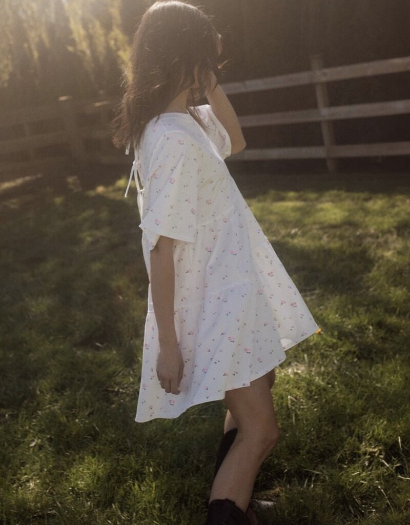 Brunette the Label Tiered Dress in Cream with Pink