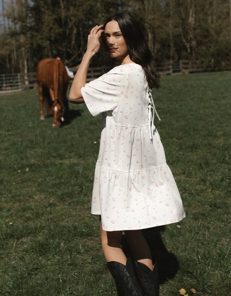 Brunette the Label Tiered Dress in Cream with Pink