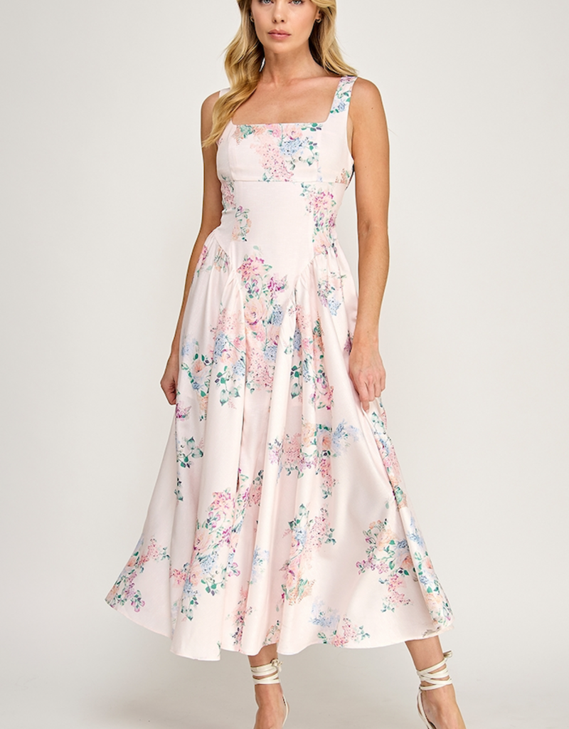 The Vintage Shop Capulet Contemporary Tie-Back Midi Dress in Blush Floral