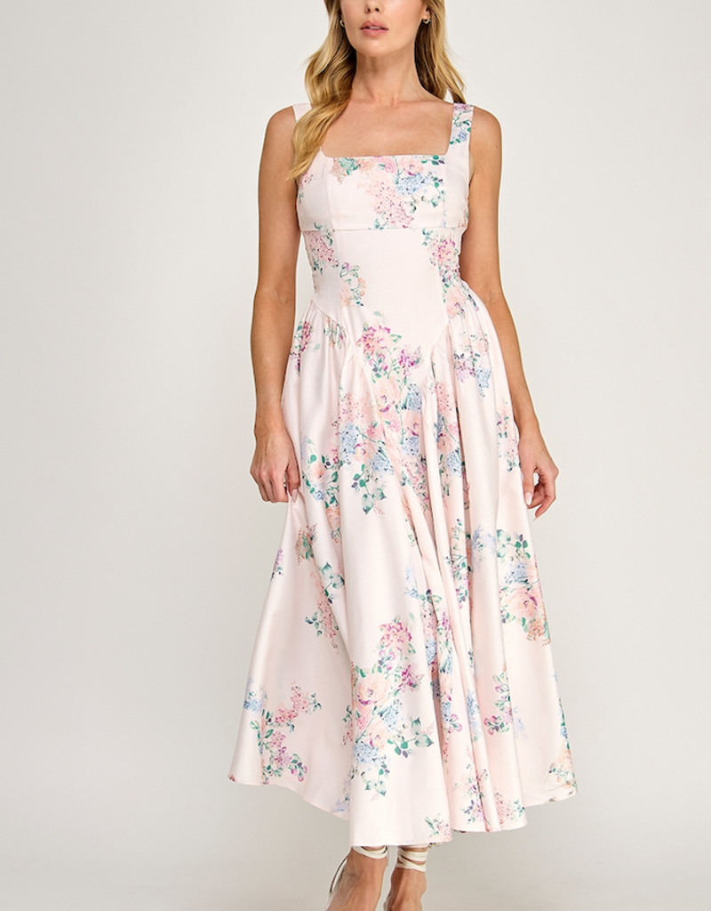 The Vintage Shop Capulet Contemporary Tie-Back Midi Dress in Blush Floral