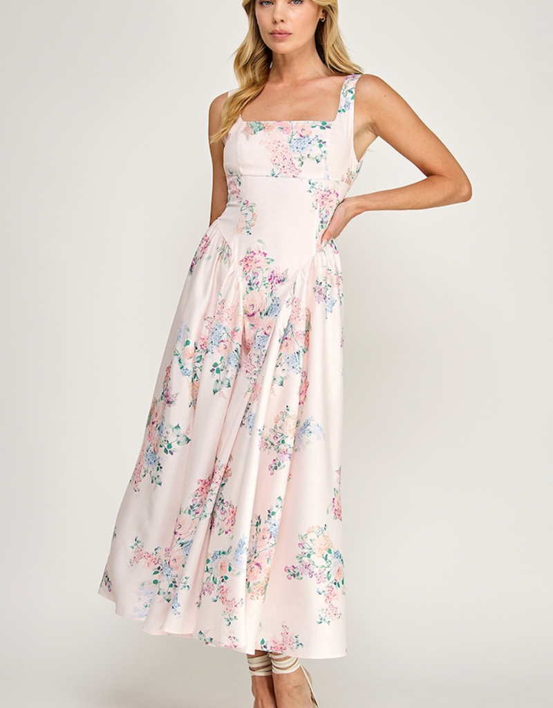 The Vintage Shop Capulet Contemporary Tie-Back Midi Dress in Blush Floral