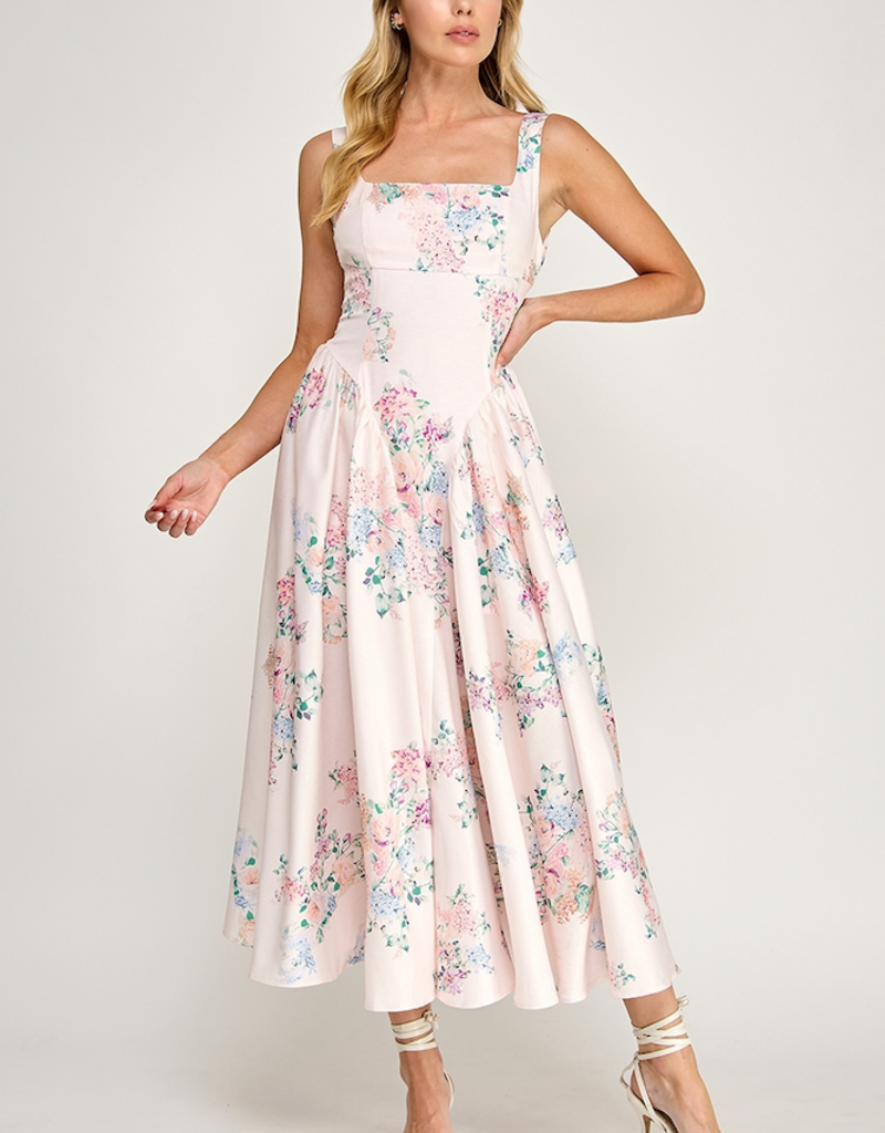 The Vintage Shop Capulet Contemporary Tie-Back Midi Dress in Blush Floral