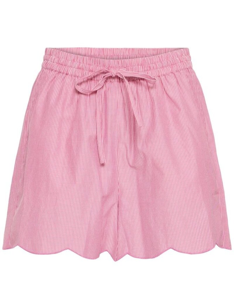 ICHI Fundel 100% Cotton Scallop Hem Shorts in Verry Berry Stripe