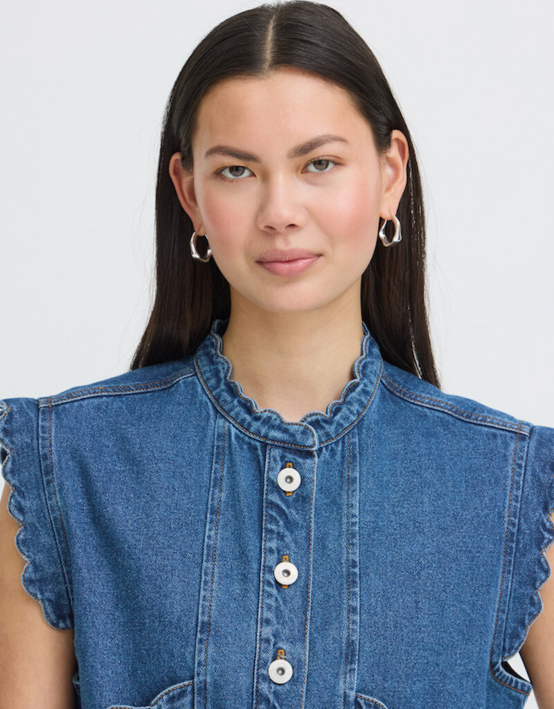 ICHI Palou Dark Denim Ruffle Detail Waistcoat
