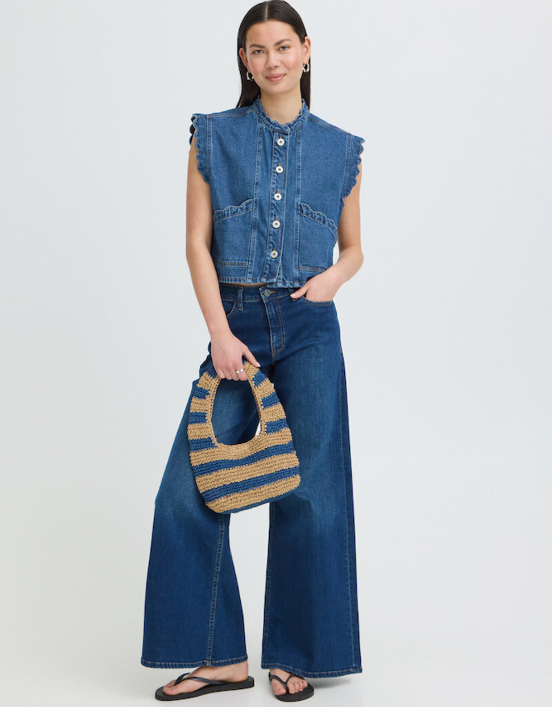 ICHI Palou Dark Denim Ruffle Detail Waistcoat