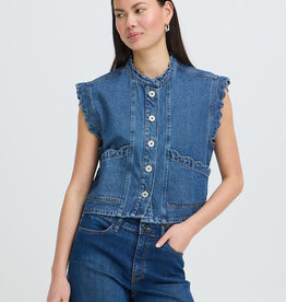 ICHI Palou Dark Denim Ruffle Detail Waistcoat