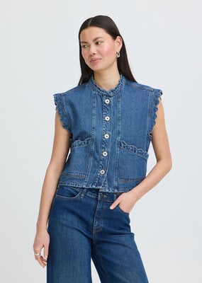 ICHI Palou Dark Denim Ruffle Detail Waistcoat