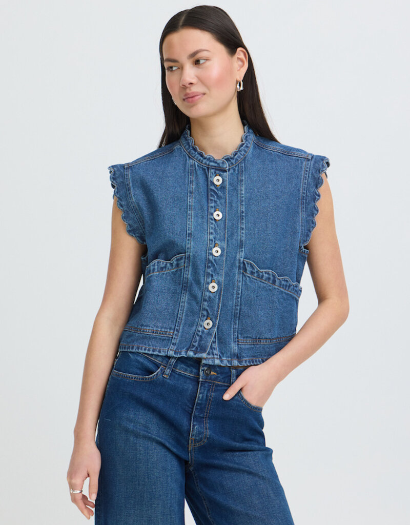 ICHI Palou Dark Denim Ruffle Detail Waistcoat