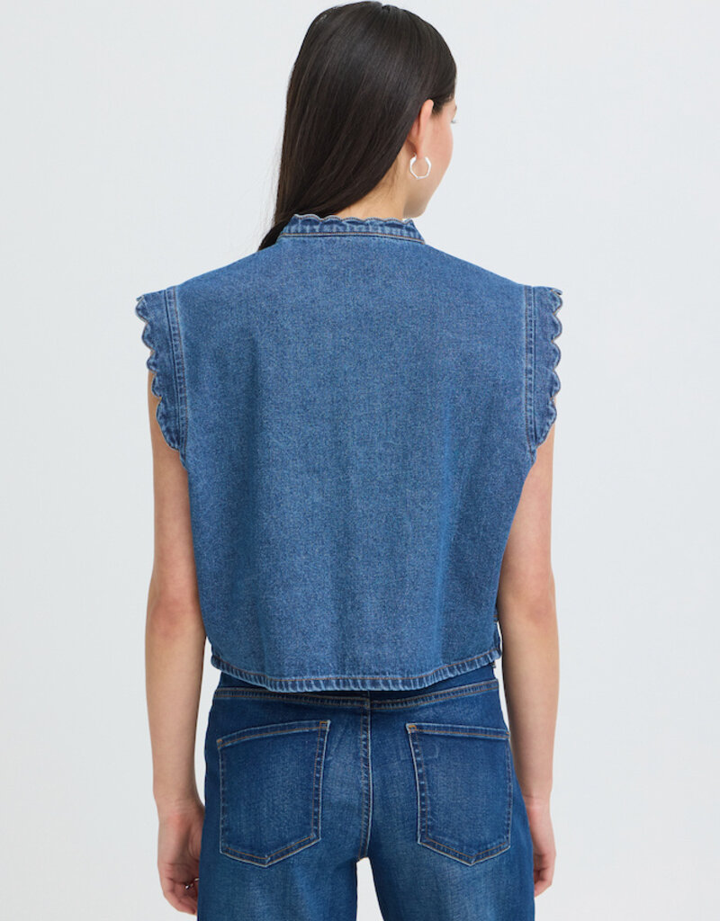 ICHI Palou Dark Denim Ruffle Detail Waistcoat