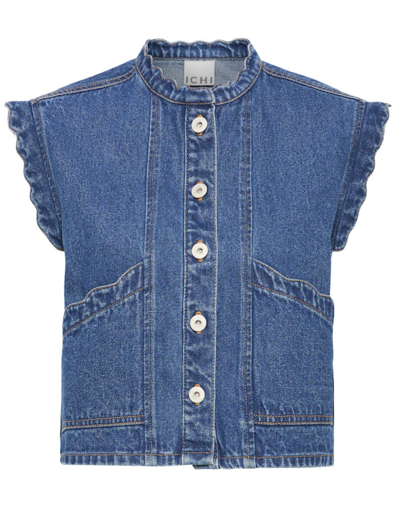 ICHI Palou Dark Denim Ruffle Detail Waistcoat