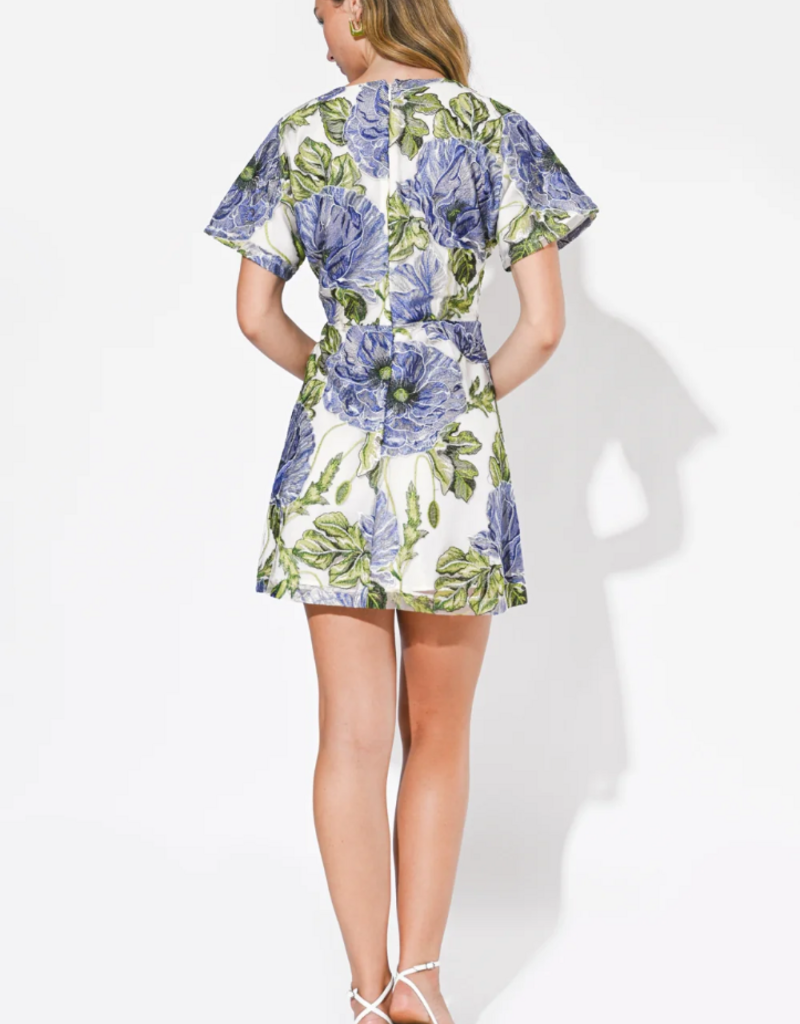 Adelyn Rae Cynthia Short Sleeve Embroidered Mini Dress in Blue Multi Floral