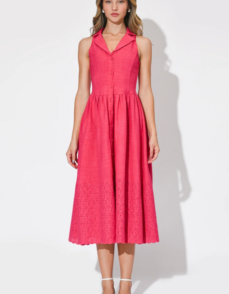 Adelyn Rae Anastatia Embroidered Halter Midi Dress in Fuchsia