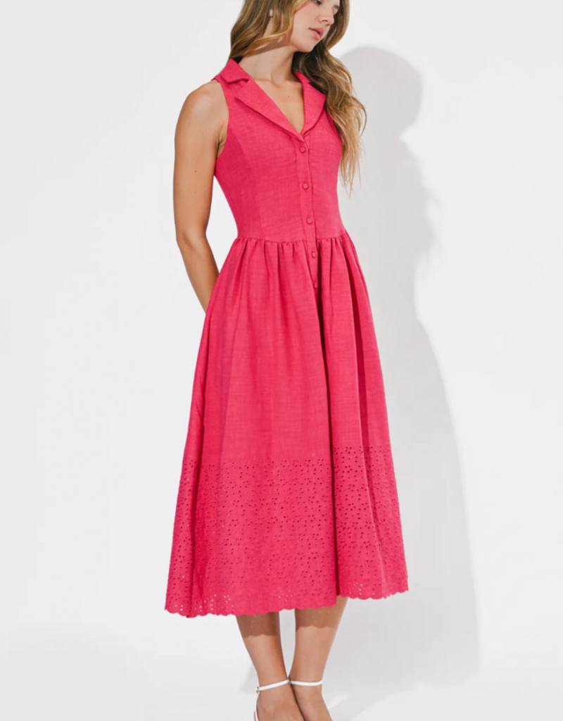 Adelyn Rae Anastatia Embroidered Halter Midi Dress in Fuchsia