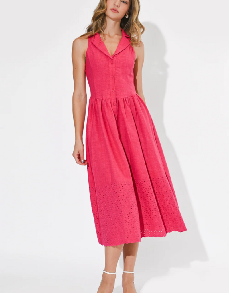 Adelyn Rae Anastatia Embroidered Halter Midi Dress in Fuchsia