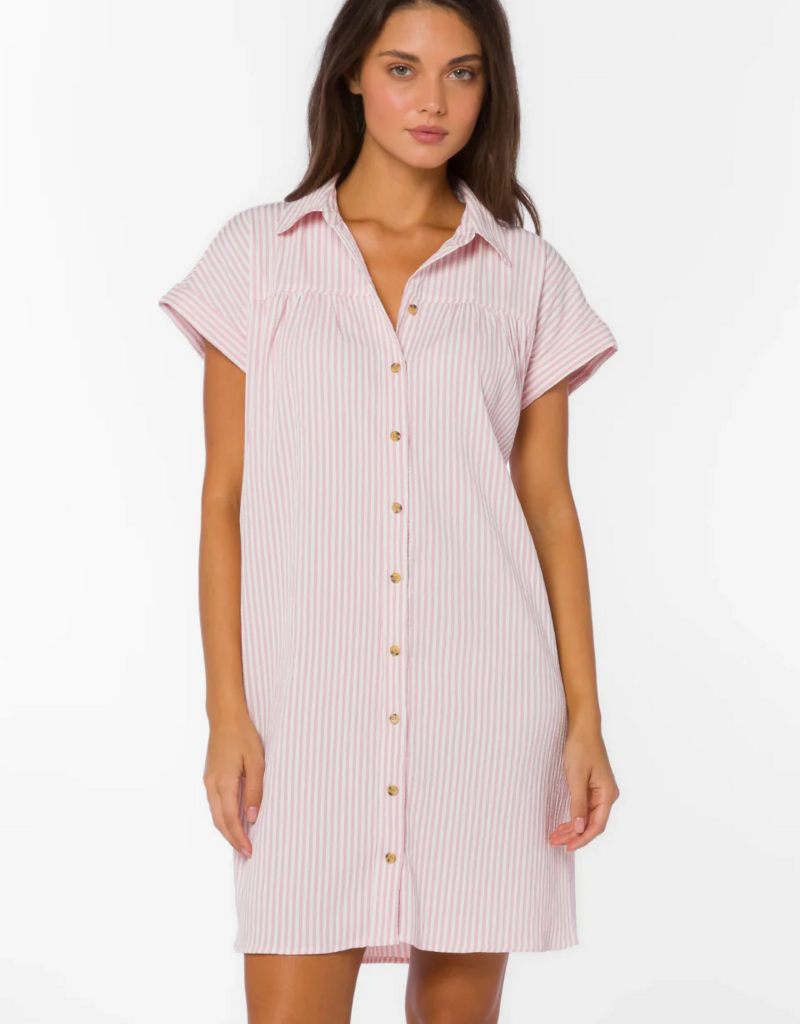 Velvet Heart Merilee 100% Cotton Seersucker Button Up Dress in Pink Stripe