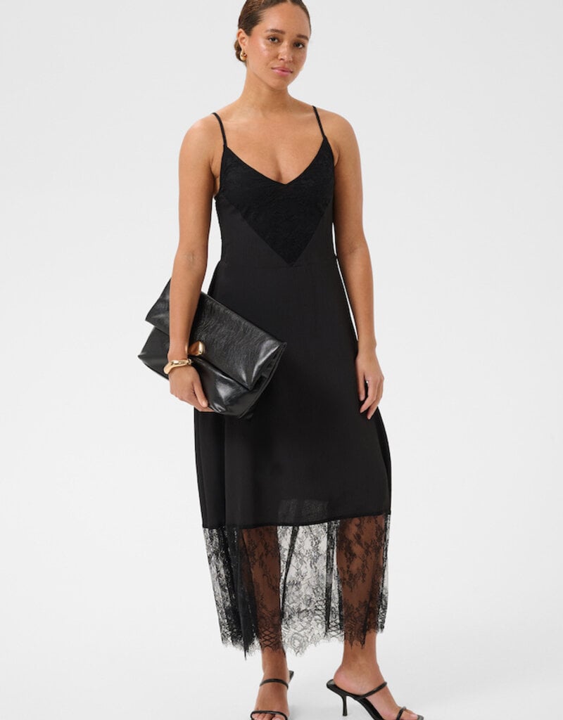 Kaffe Gala Midi Dress With Lace Finish in Black