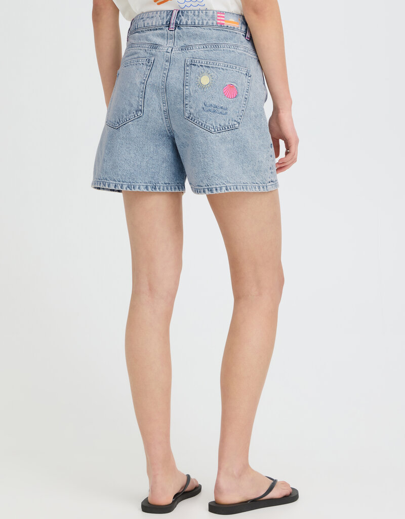 ICHI Laveny Denim Shorts with Embroidered Detailing  in Light Blue