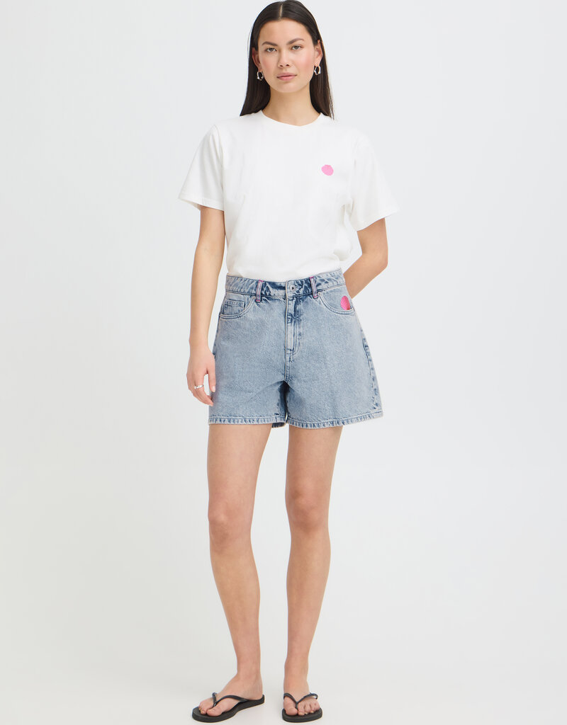 ICHI Laveny Denim Shorts with Embroidered Detailing  in Light Blue