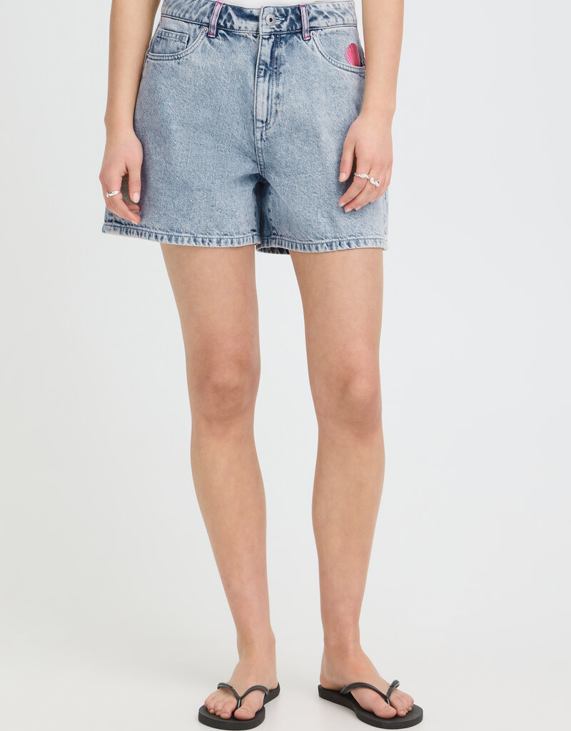 ICHI Laveny Denim Shorts with Embroidered Detailing  in Light Blue