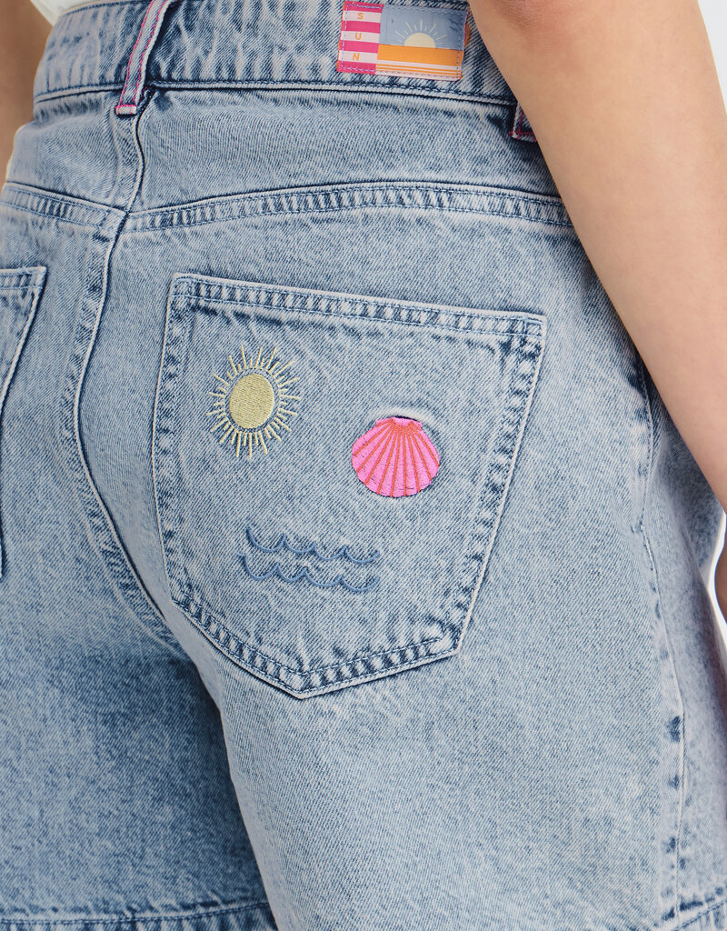 ICHI Laveny Denim Shorts with Embroidered Detailing  in Light Blue