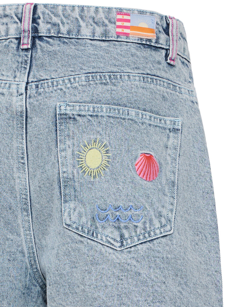 ICHI Laveny Denim Shorts with Embroidered Detailing  in Light Blue