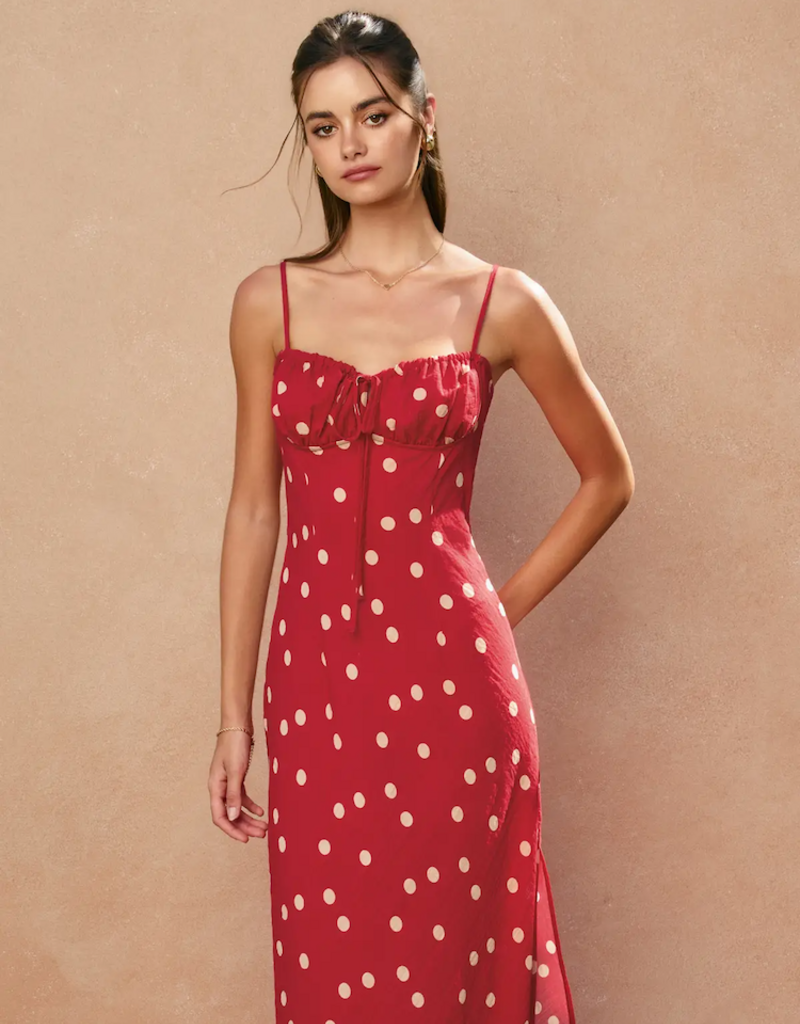 Dress Forum Milkmaid Polka Dot Ruched Bust Midi Dress