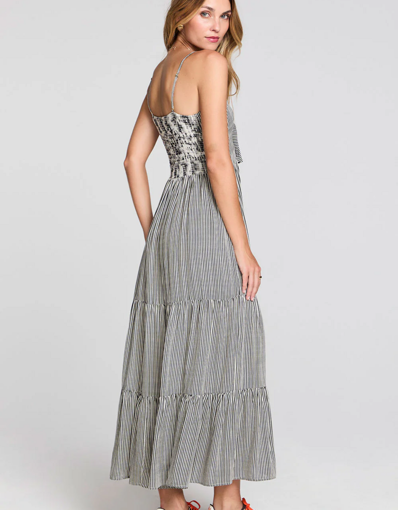 Saltwater Luxe Stein Striped Midi Dress With Pockets and Neck Tie Detail