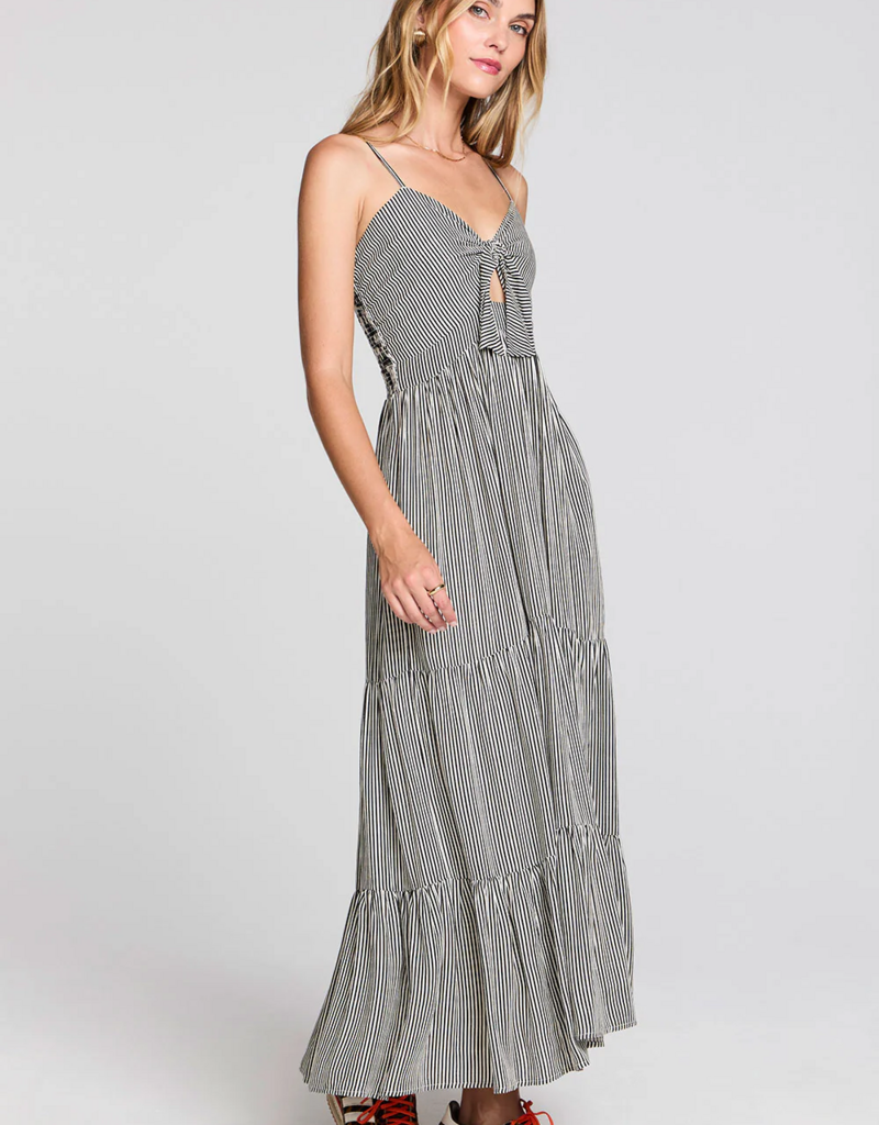 Saltwater Luxe Stein Striped Midi Dress With Pockets and Neck Tie Detail
