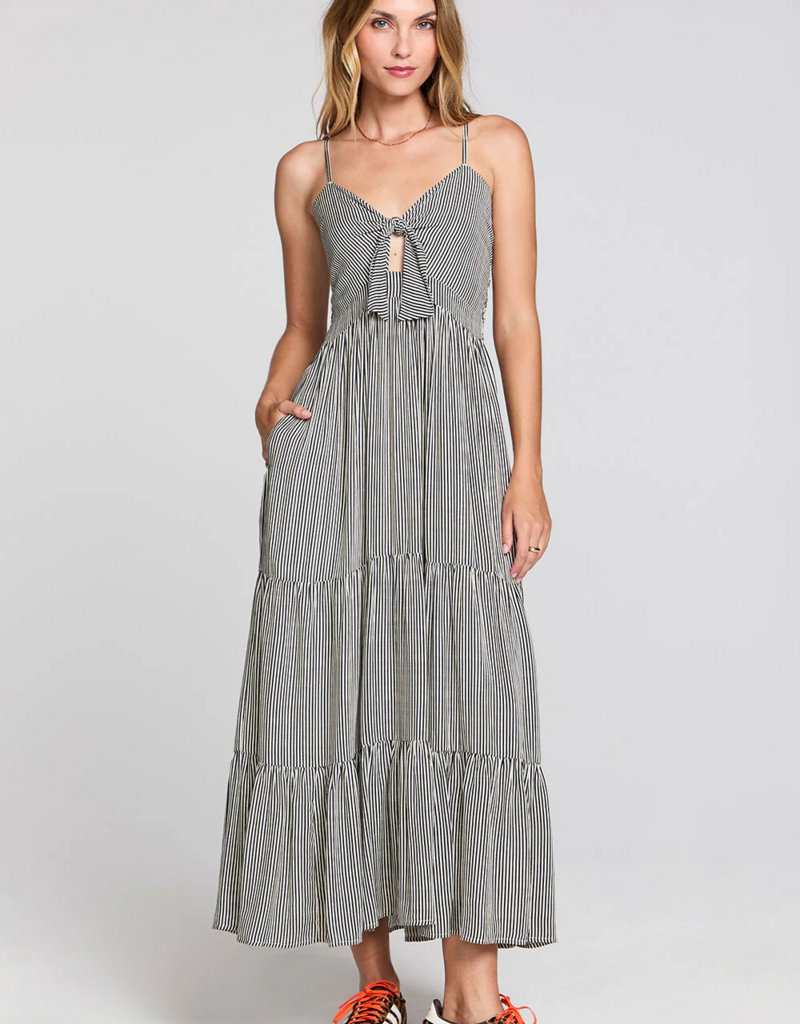 Saltwater Luxe Stein Striped Midi Dress With Pockets and Neck Tie Detail