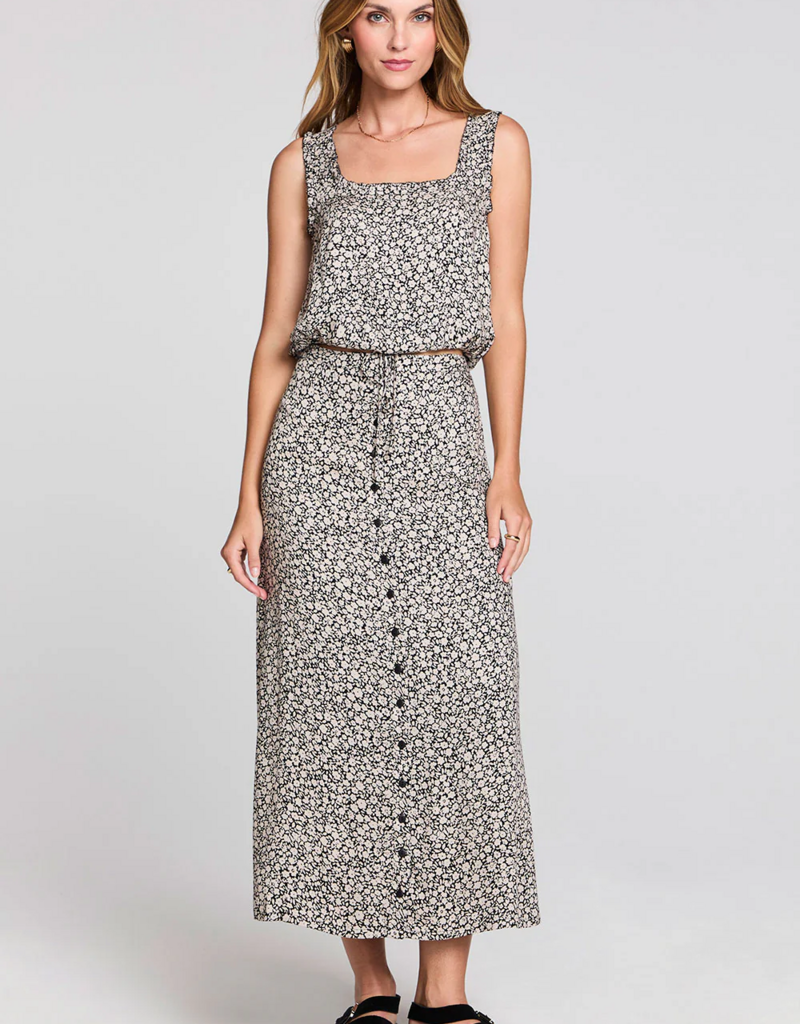 Saltwater Luxe Nolla Button Up Midi Skirt In Black and White Floral