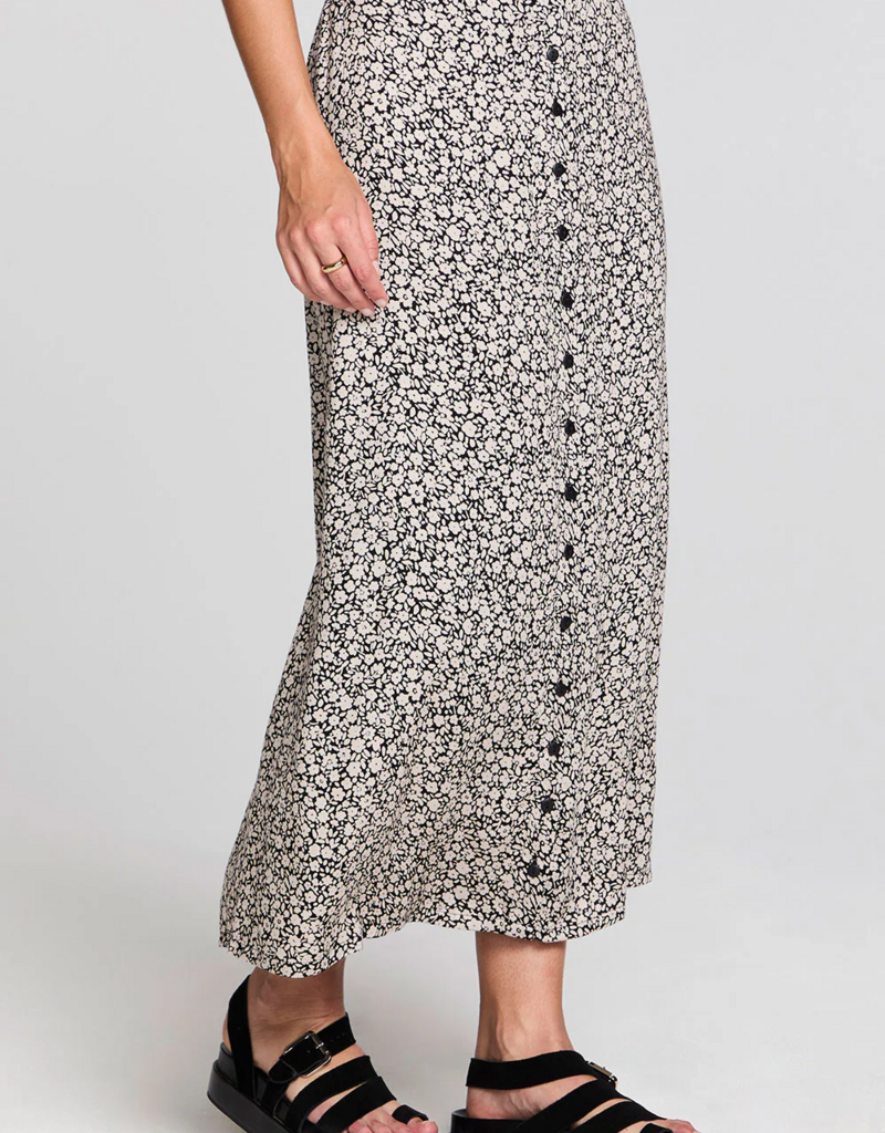 Saltwater Luxe Nolla Button Up Midi Skirt In Black and White Floral