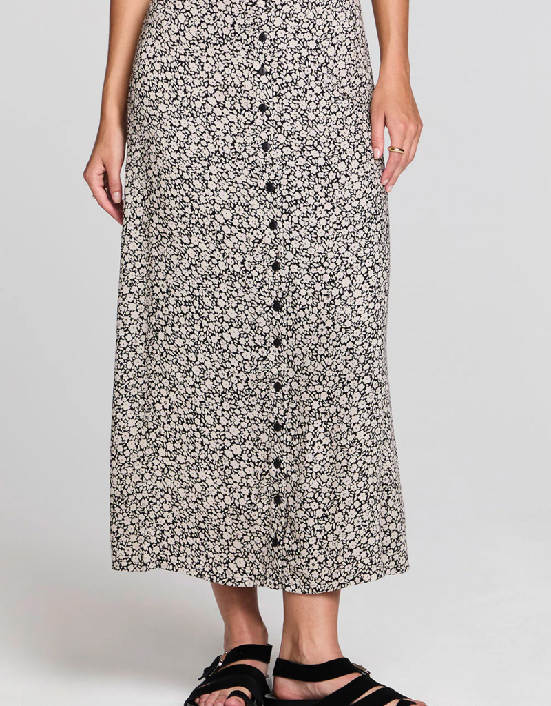 Saltwater Luxe Nolla Button Up Midi Skirt In Black and White Floral