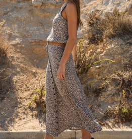 Saltwater Luxe Nolla Button Up Midi Skirt In Black and White Floral