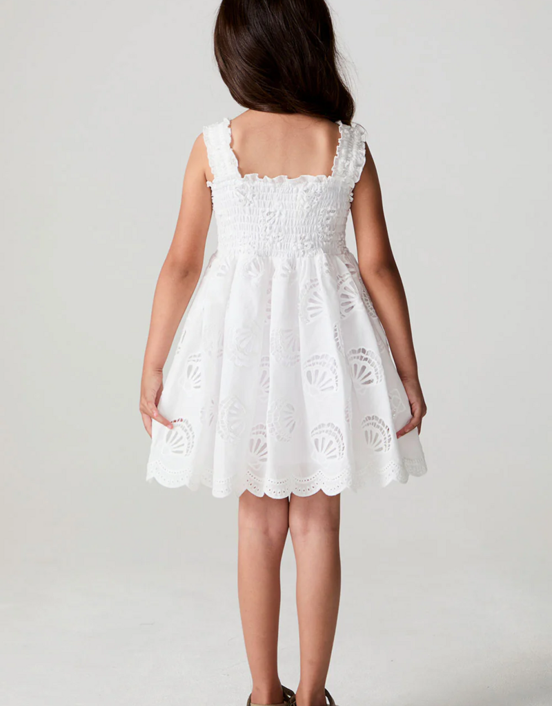 Saltwater Luxe Kids Kayler Mini Dress with Seashell Eyelet Design in Salt White
