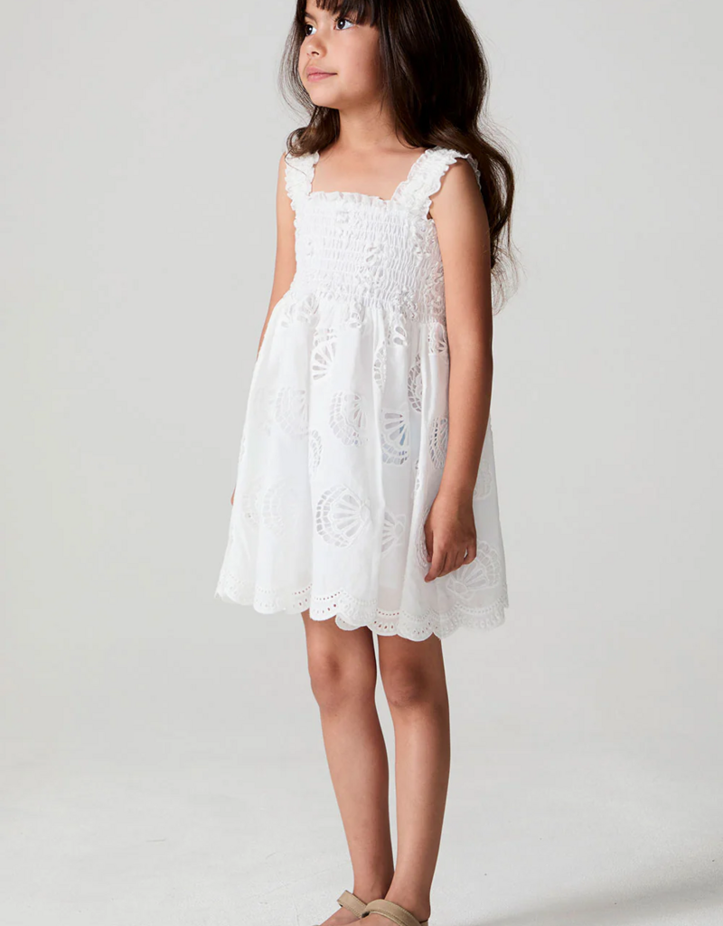 Saltwater Luxe Kids Kayler Mini Dress with Seashell Eyelet Design in Salt White