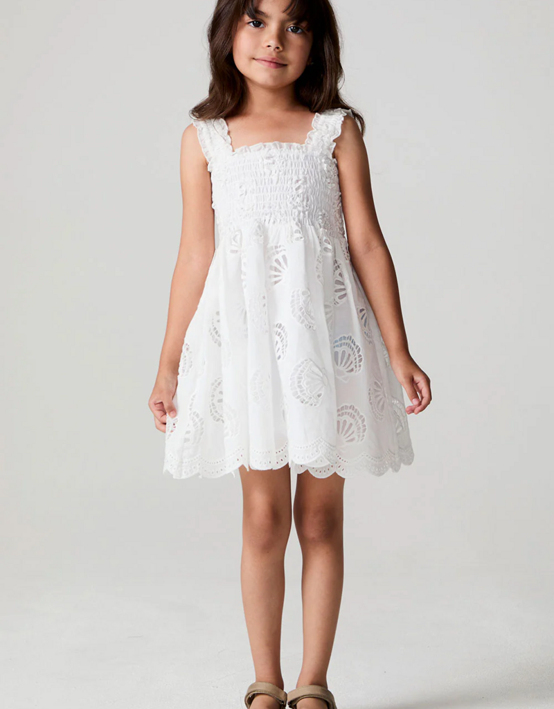 Saltwater Luxe Kids Kayler Mini Dress with Seashell Eyelet Design in Salt White