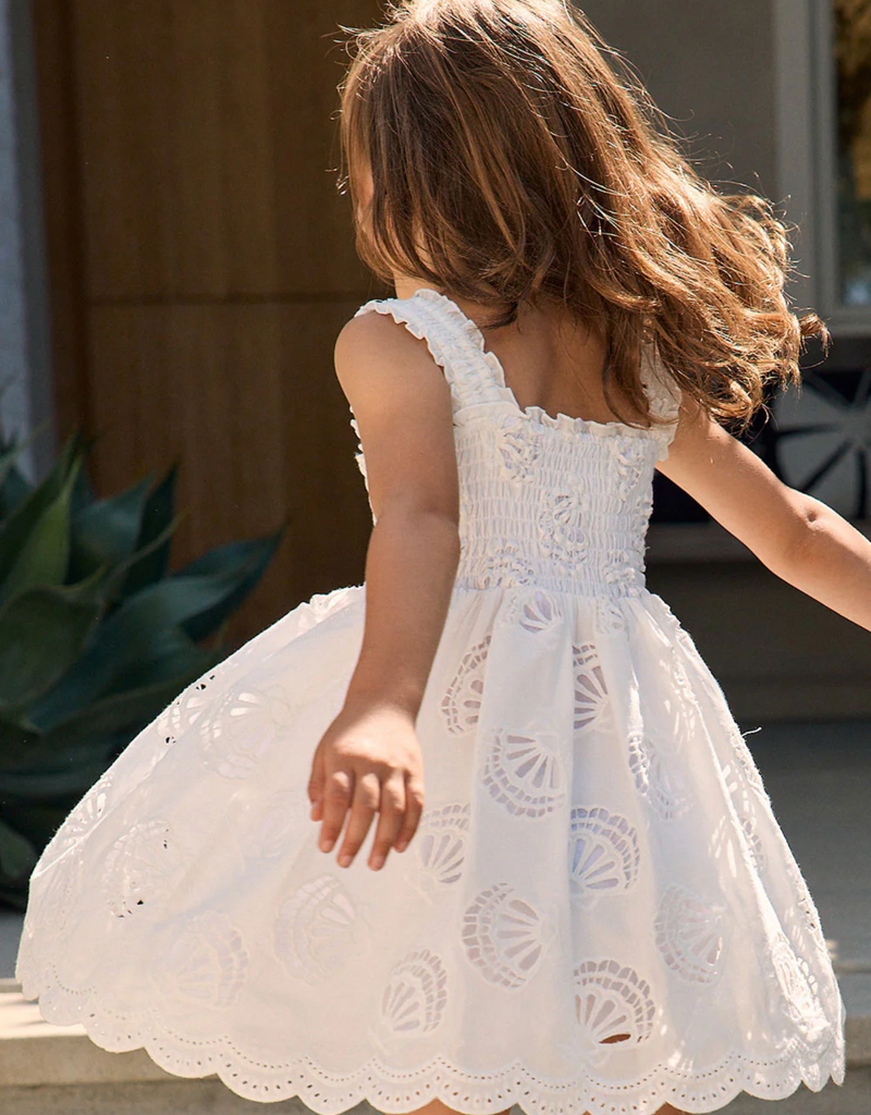 Saltwater Luxe Kids Kayler Mini Dress with Seashell Eyelet Design in Salt White