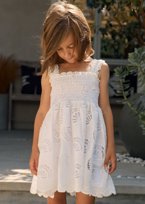 Saltwater Luxe Kids Kayler Mini Dress with Seashell Eyelet Design in Salt White