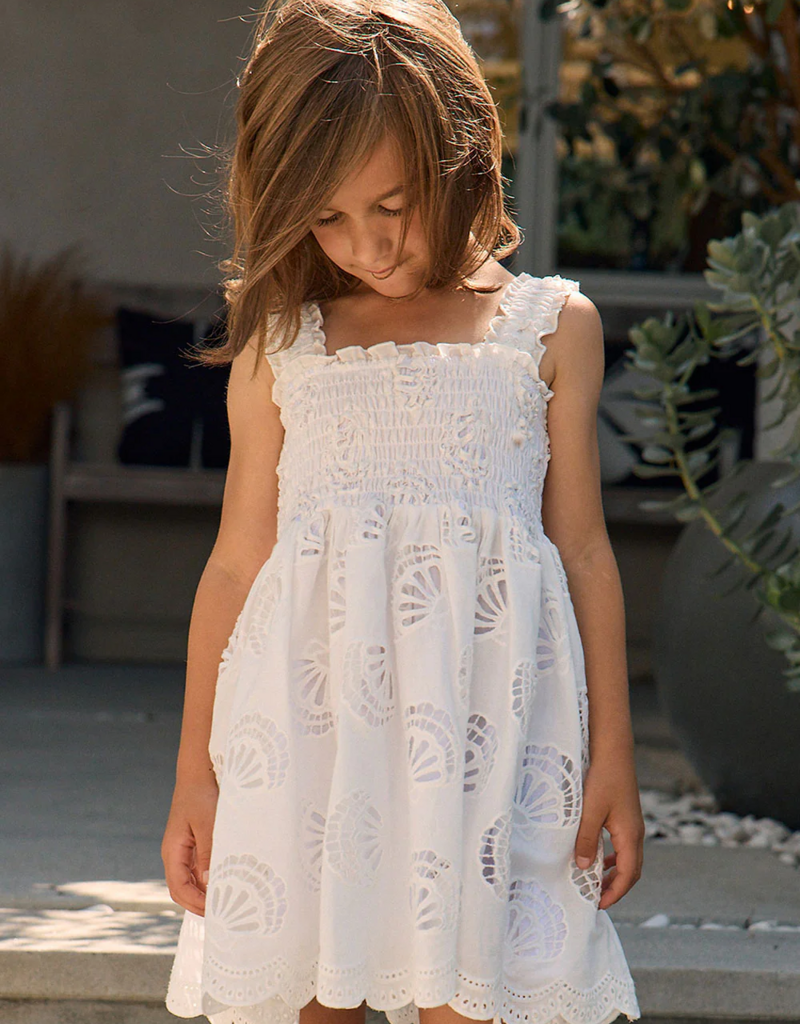 Saltwater Luxe Kids Kayler Mini Dress with Seashell Eyelet Design in Salt White