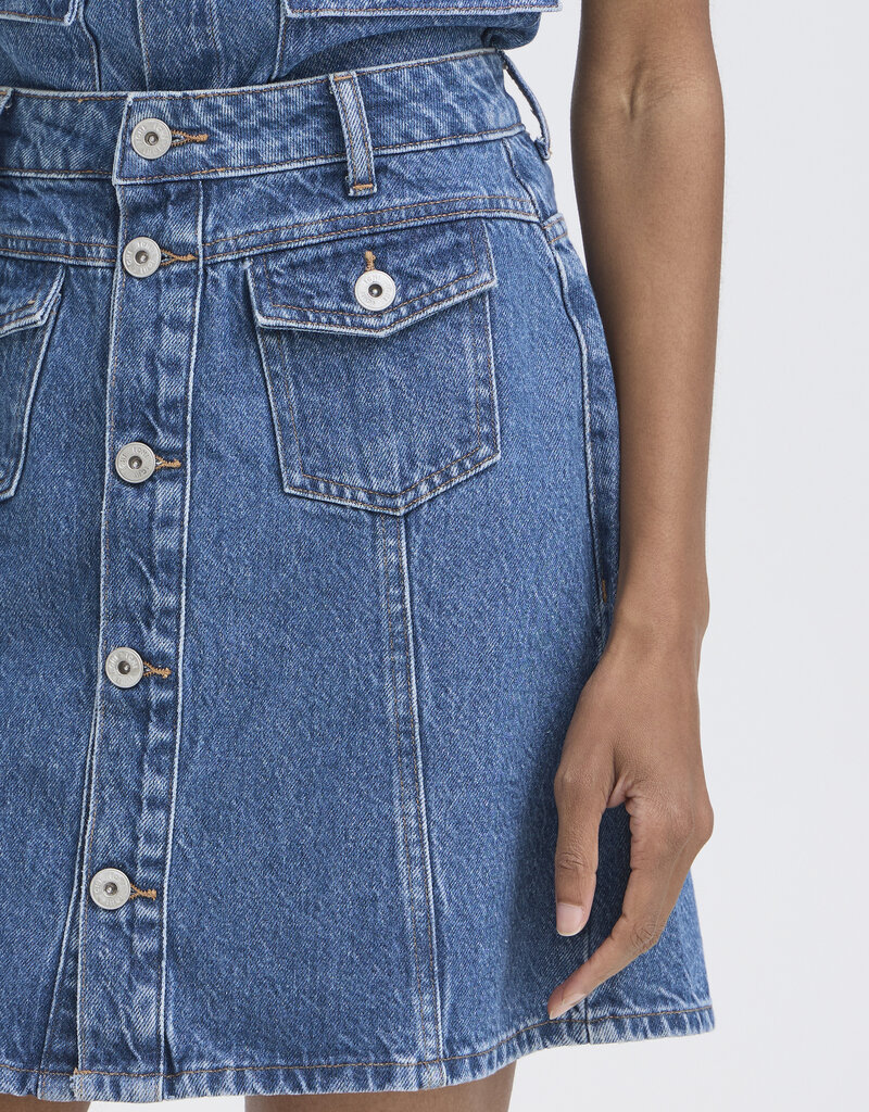 ICHI Pamila Denim Skirt with Buttons in Medium Blue